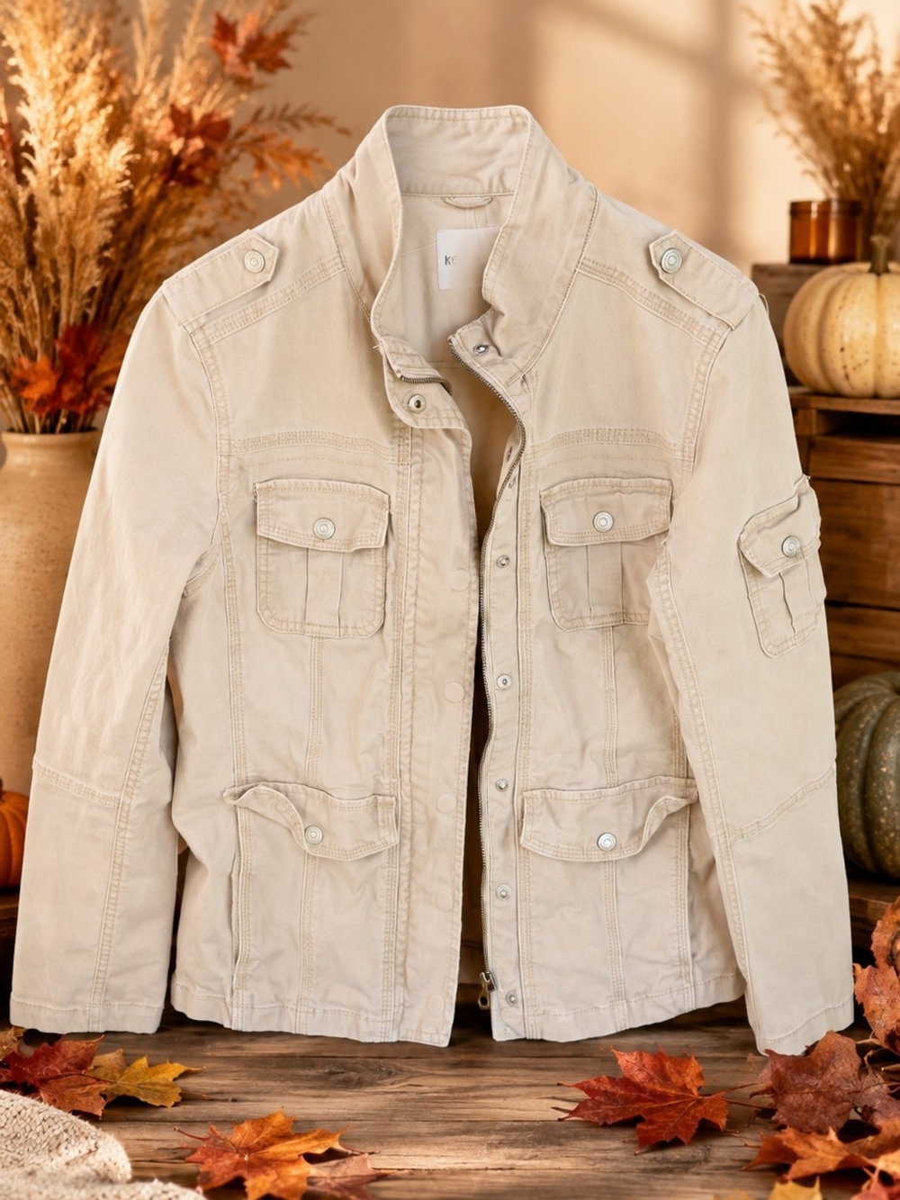 Kensie Light Cream Utility Jacket with Front Pockets